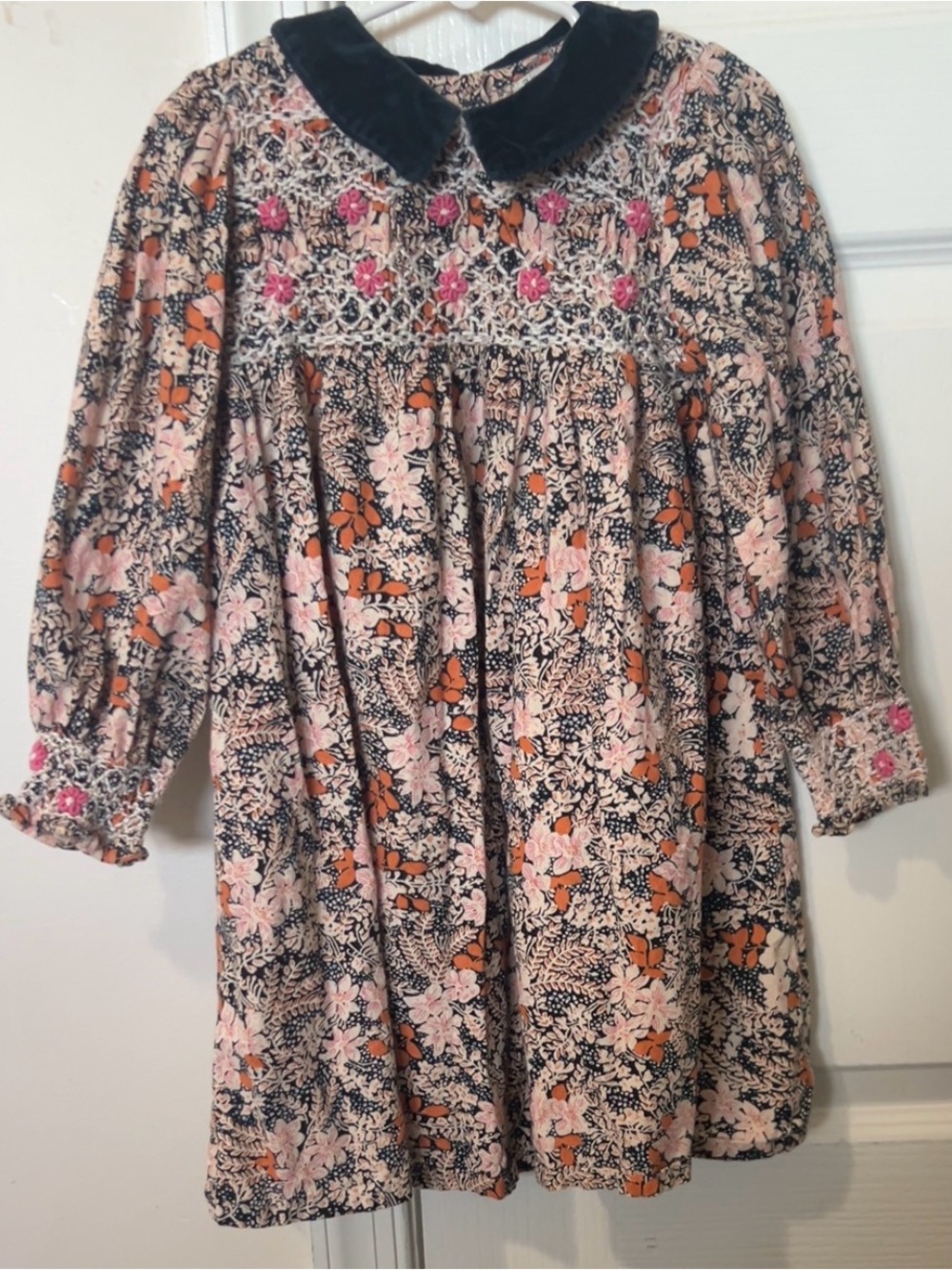 Bebe Organic Navy Floral Smocked Long-Sleeve Girls Dress with Velvet Collar